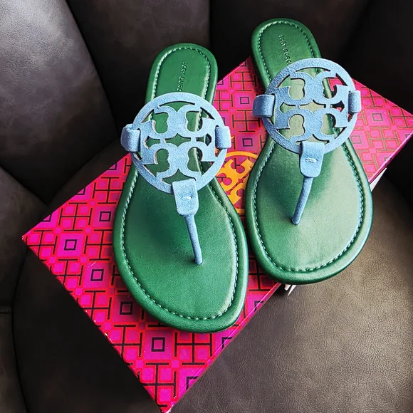 Tory Burch Emerald Green and Sky Blue Sandals